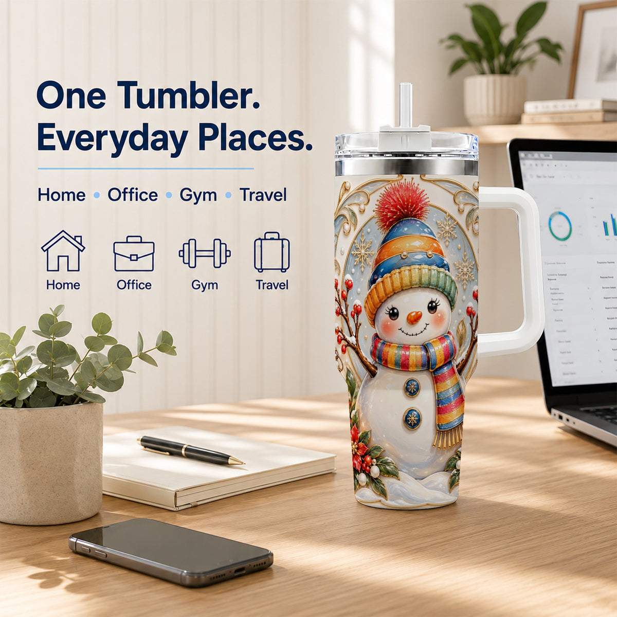 #pl[40oz|White] Poinsettia Snowman 40oz Tumbler with Handle, Winter Steel Travel Cup