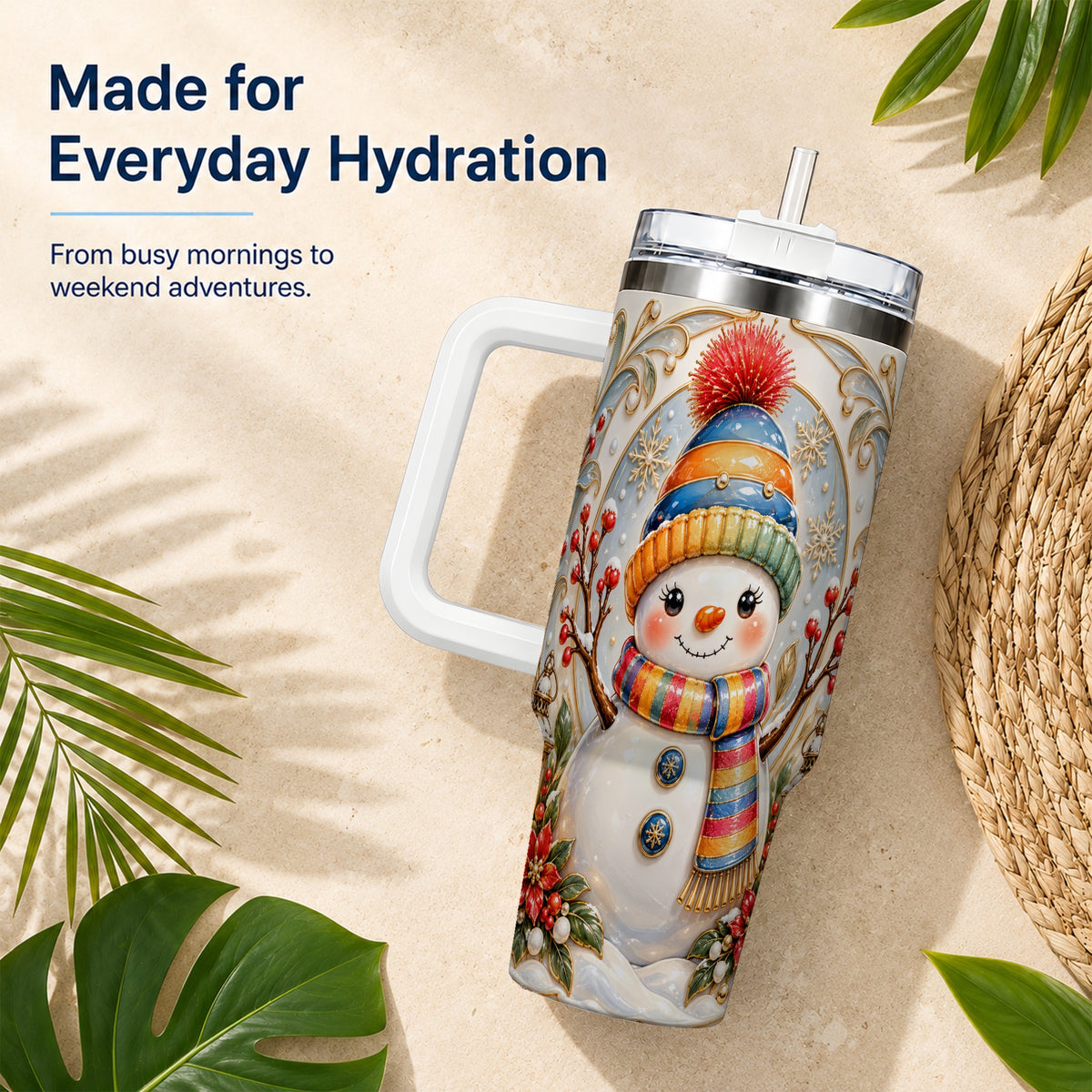 #pl[40oz|White] Poinsettia Snowman 40oz Tumbler with Handle, Winter Steel Travel Cup