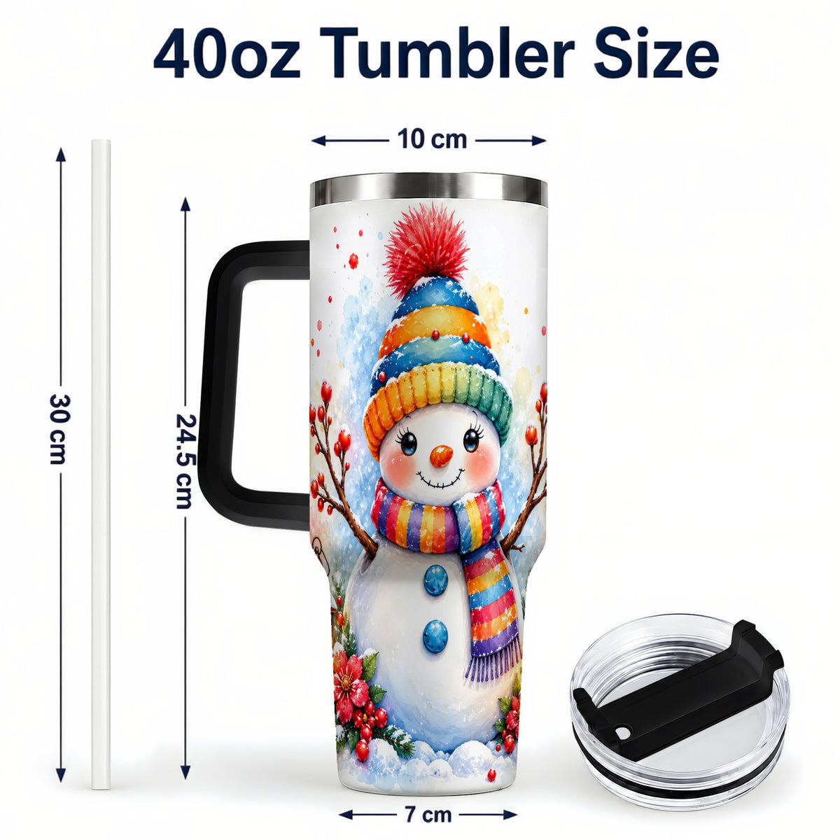 #pl[40oz|Black] Watercolor Snowman 40oz Tumbler with Handle, Winter Steel Travel Cup