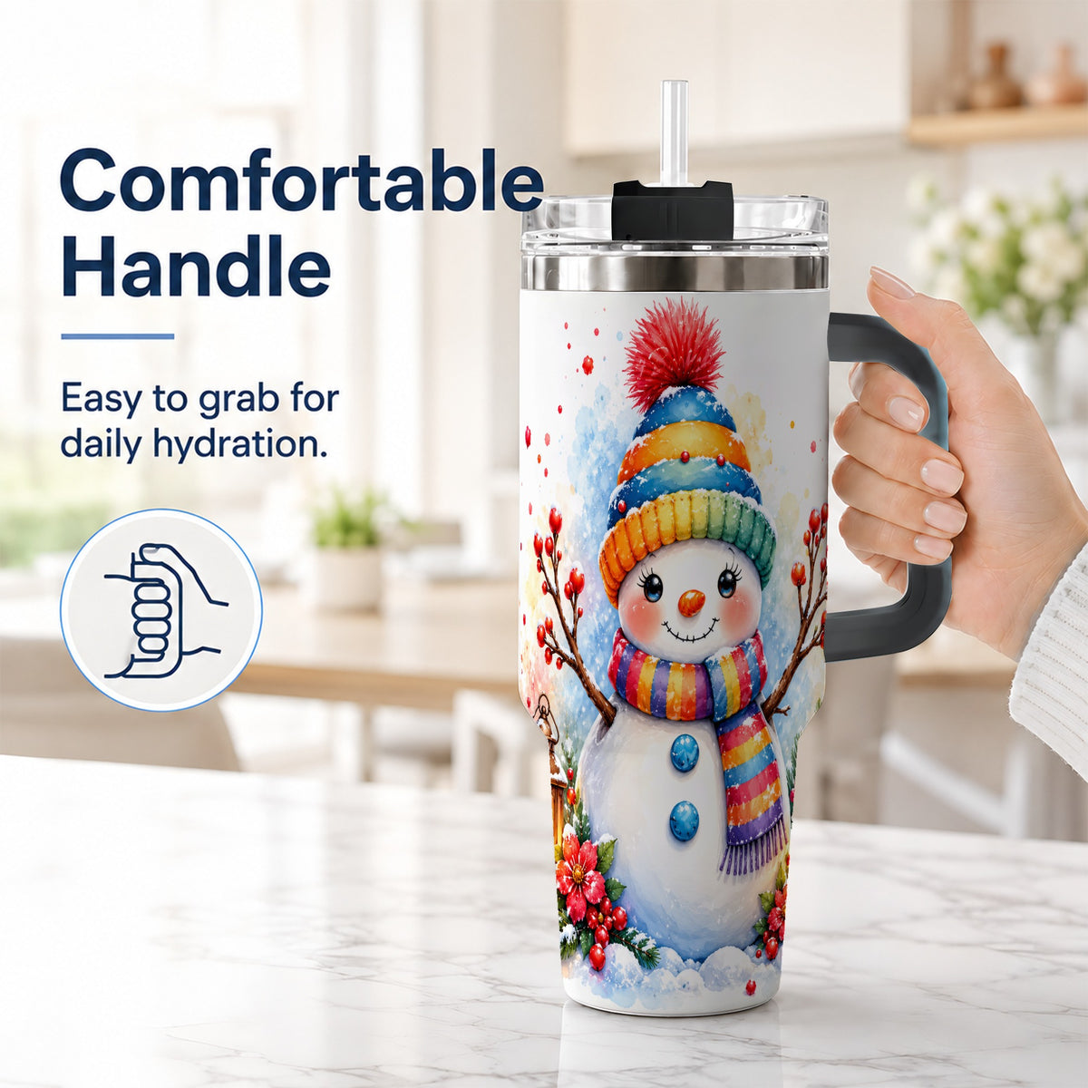 #pl[40oz|Black] Watercolor Snowman 40oz Tumbler with Handle, Winter Steel Travel Cup