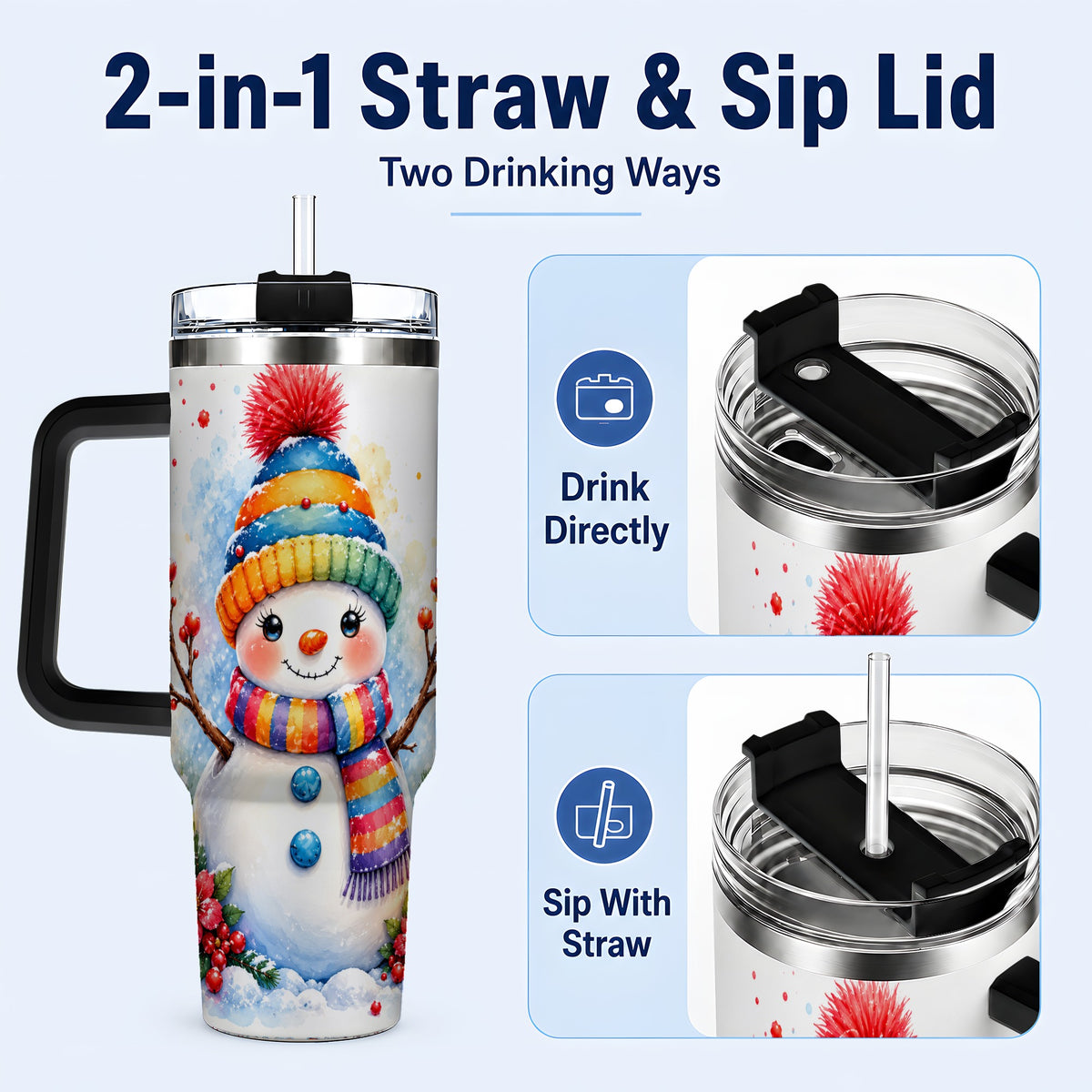 #pl[40oz|Black] Watercolor Snowman 40oz Tumbler with Handle, Winter Steel Travel Cup