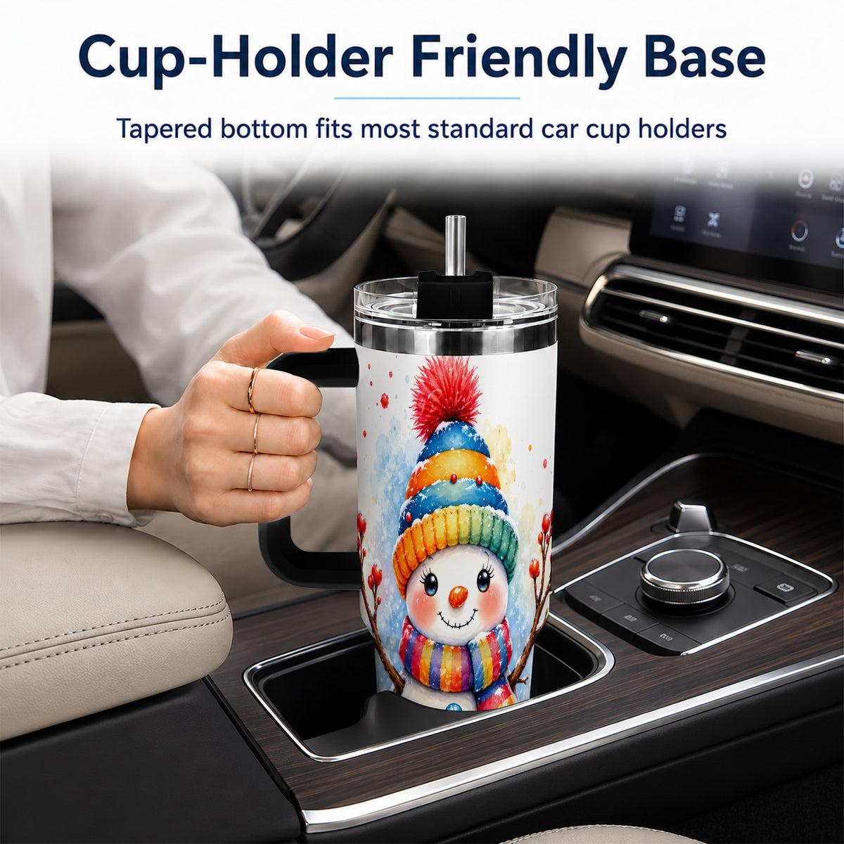 #pl[40oz|Black] Watercolor Snowman 40oz Tumbler with Handle, Winter Steel Travel Cup