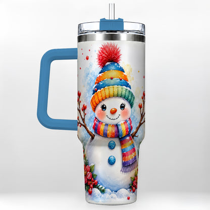 #pl[40oz|Blue] Watercolor Snowman 40oz Tumbler with Handle, Winter Steel Travel Cup