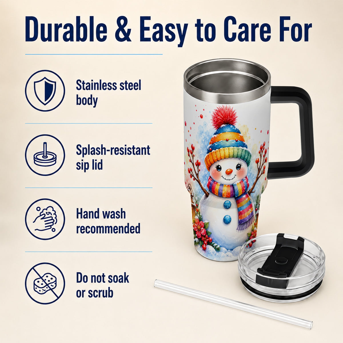 #pl[40oz|Black] Watercolor Snowman 40oz Tumbler with Handle, Winter Steel Travel Cup