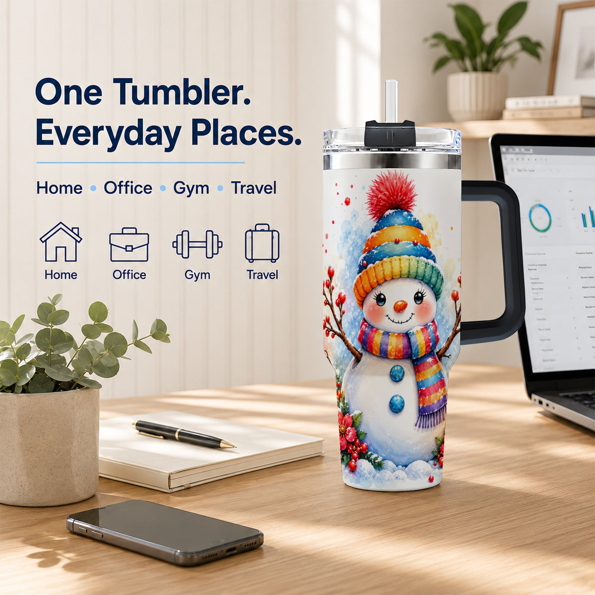 #pl[40oz|Black] Watercolor Snowman 40oz Tumbler with Handle, Winter Steel Travel Cup