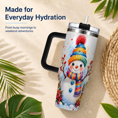 #pl[40oz|Black] Watercolor Snowman 40oz Tumbler with Handle, Winter Steel Travel Cup