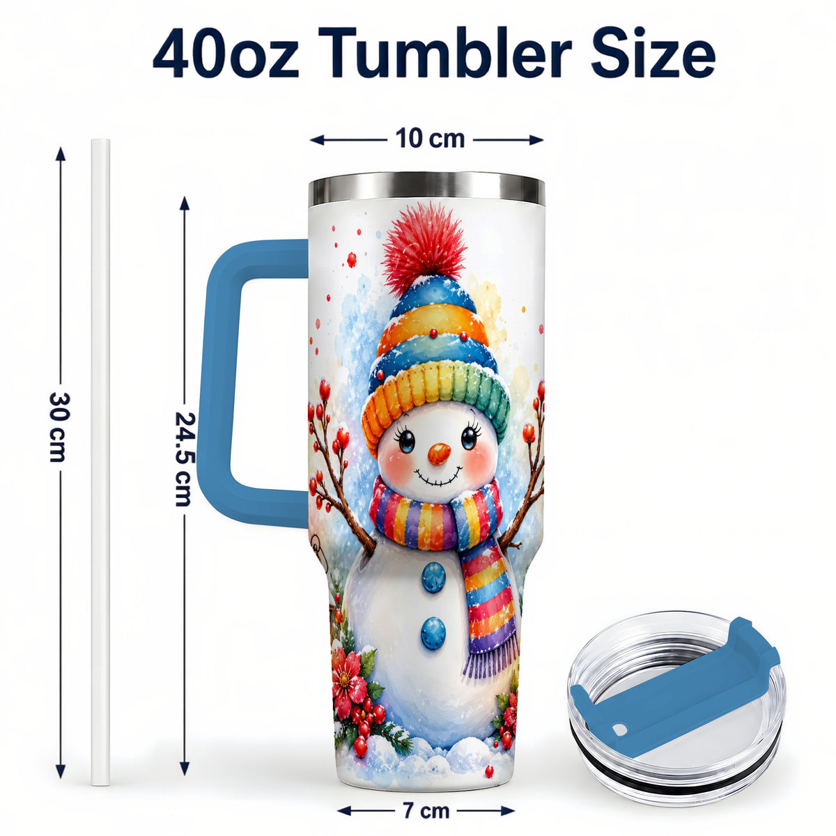 #pl[40oz|Blue] Watercolor Snowman 40oz Tumbler with Handle, Winter Steel Travel Cup