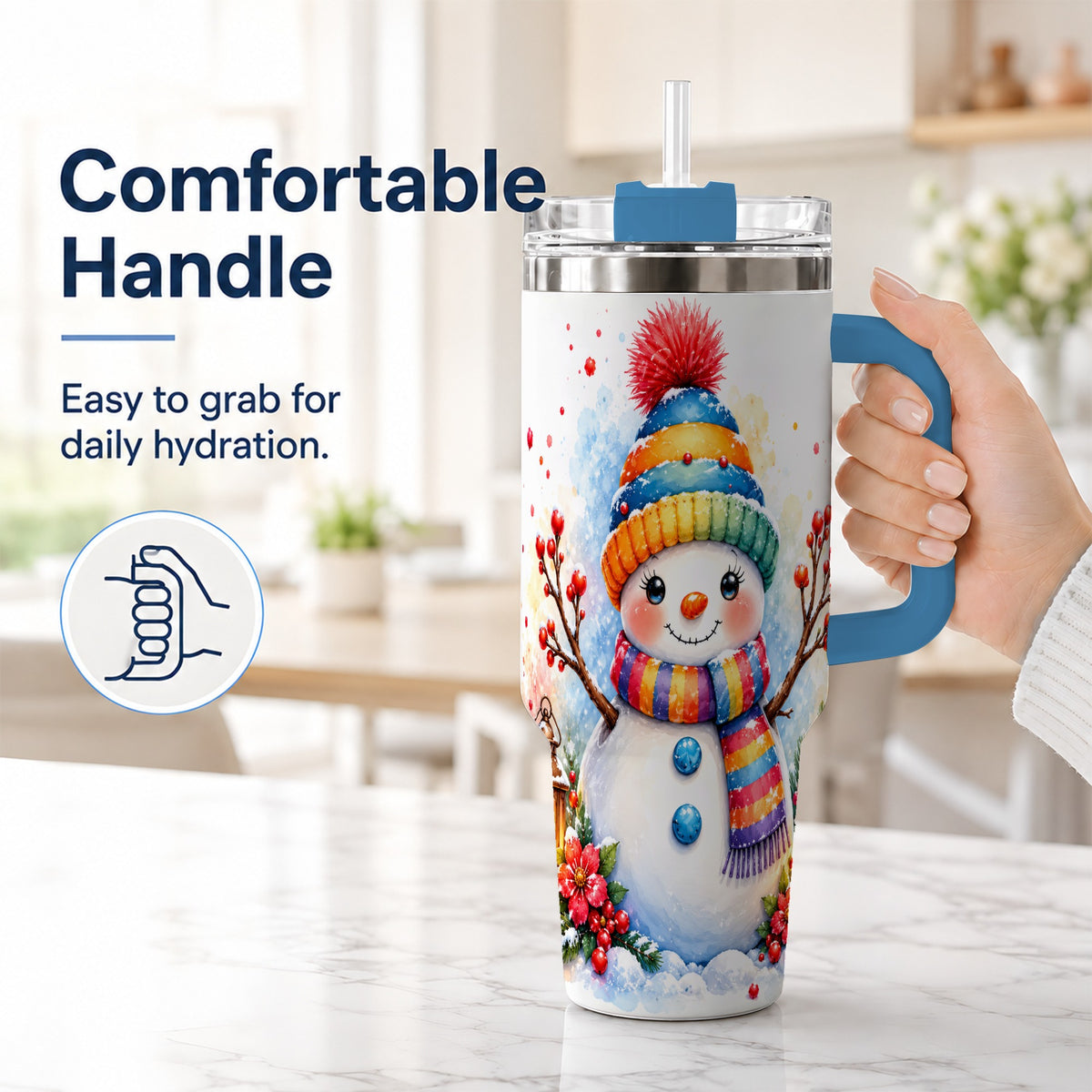 #pl[40oz|Blue] Watercolor Snowman 40oz Tumbler with Handle, Winter Steel Travel Cup
