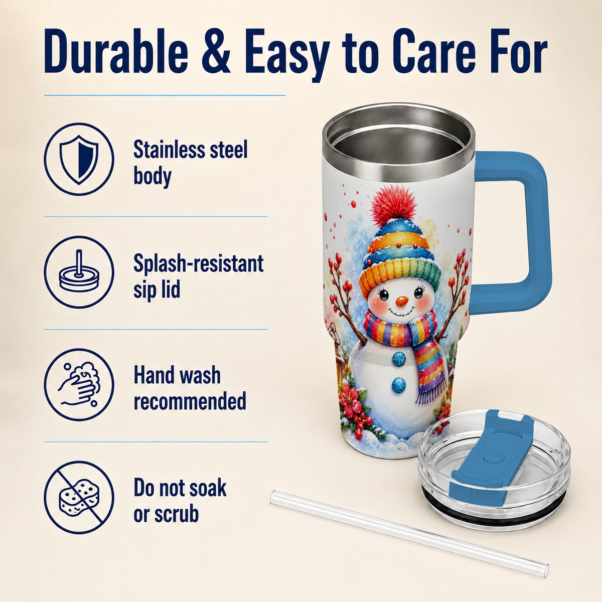 #pl[40oz|Blue] Watercolor Snowman 40oz Tumbler with Handle, Winter Steel Travel Cup
