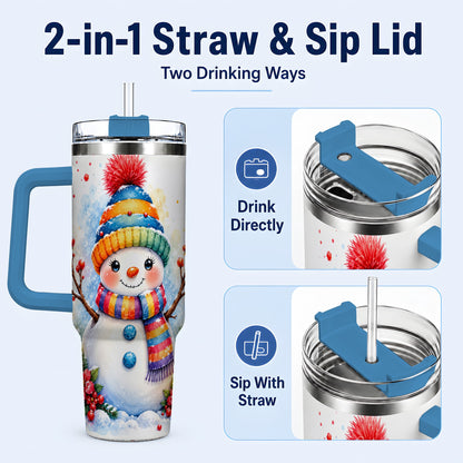#pl[40oz|Blue] Watercolor Snowman 40oz Tumbler with Handle, Winter Steel Travel Cup