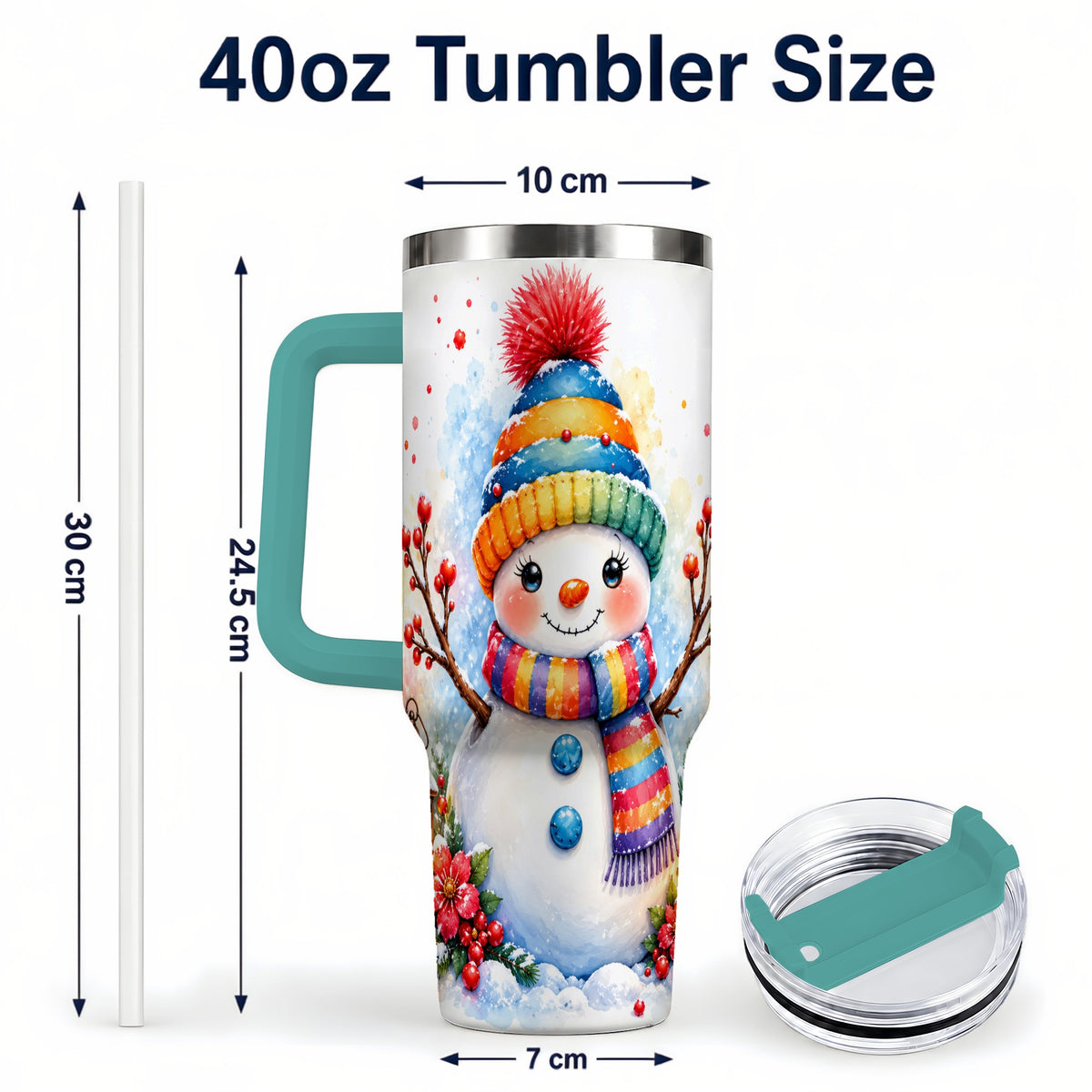 #pl[40oz|Green] Watercolor Snowman 40oz Tumbler with Handle, Winter Steel Travel Cup