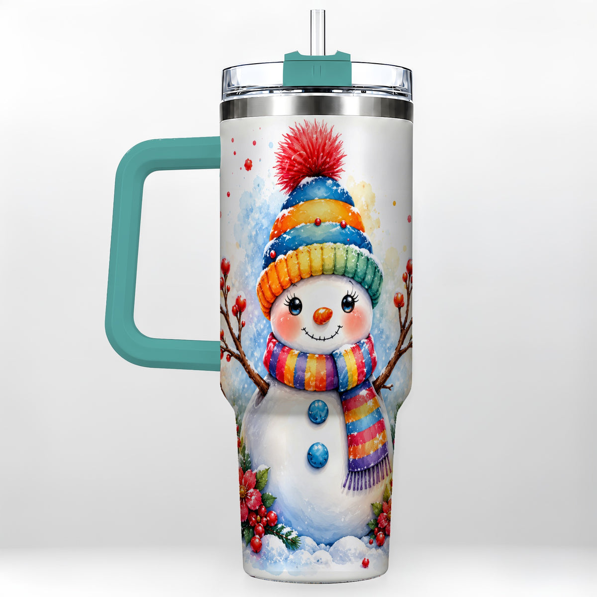 #pl[40oz|Green] Watercolor Snowman 40oz Tumbler with Handle, Winter Steel Travel Cup