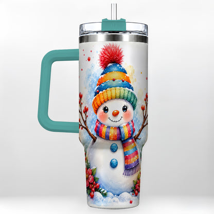 #pl[40oz|Green] Watercolor Snowman 40oz Tumbler with Handle, Winter Steel Travel Cup