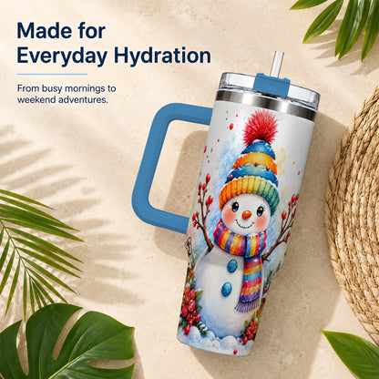 #pl[40oz|Blue] Watercolor Snowman 40oz Tumbler with Handle, Winter Steel Travel Cup