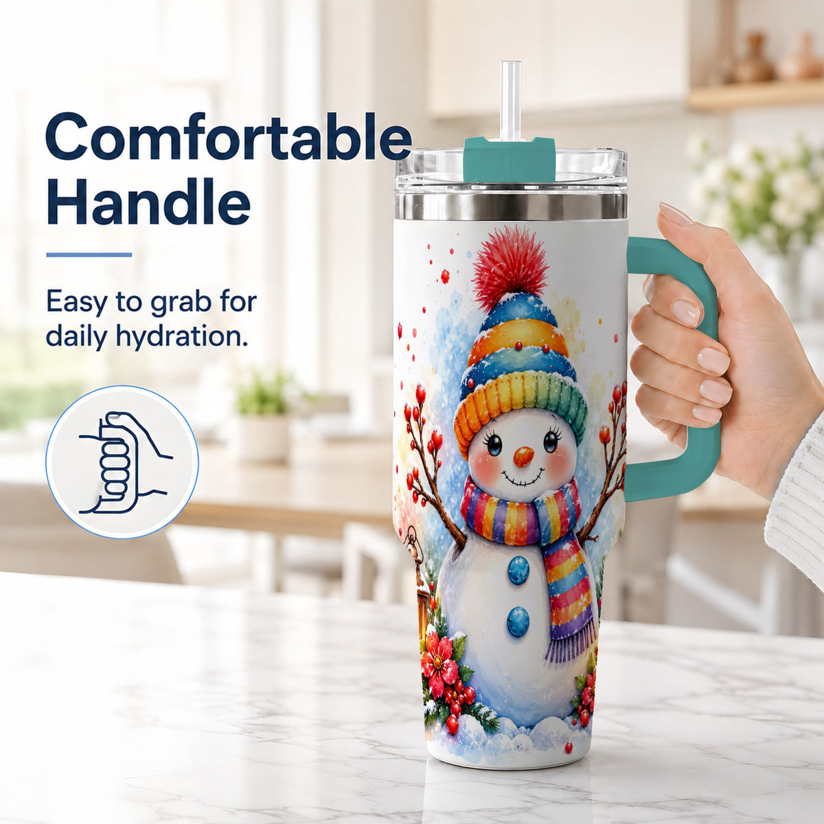 #pl[40oz|Green] Watercolor Snowman 40oz Tumbler with Handle, Winter Steel Travel Cup