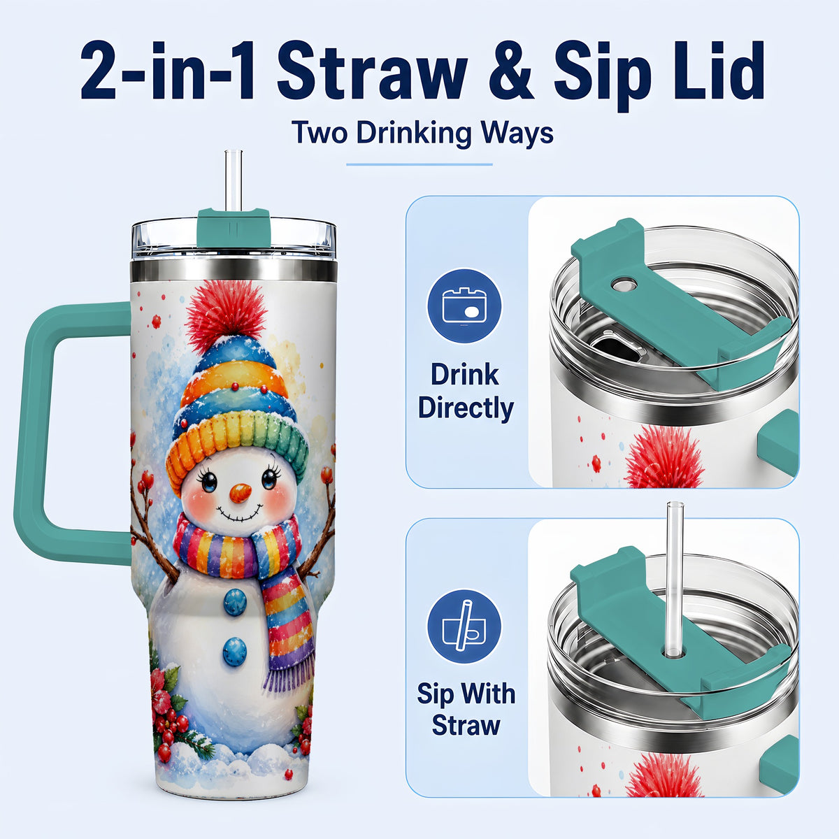 #pl[40oz|Green] Watercolor Snowman 40oz Tumbler with Handle, Winter Steel Travel Cup