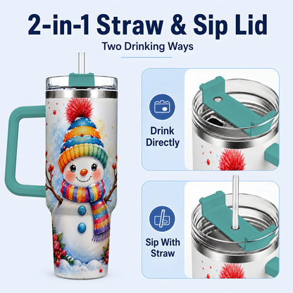 #pl[40oz|Green] Watercolor Snowman 40oz Tumbler with Handle, Winter Steel Travel Cup