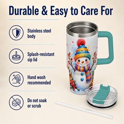 #pl[40oz|Green] Watercolor Snowman 40oz Tumbler with Handle, Winter Steel Travel Cup