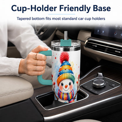 #pl[40oz|Green] Watercolor Snowman 40oz Tumbler with Handle, Winter Steel Travel Cup