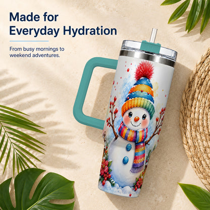 #pl[40oz|Green] Watercolor Snowman 40oz Tumbler with Handle, Winter Steel Travel Cup