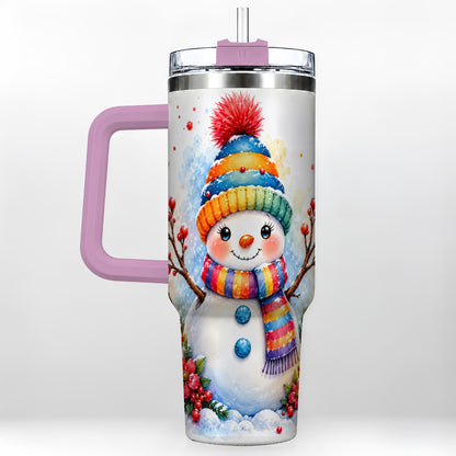 #pl[40oz|Pink] Watercolor Snowman 40oz Tumbler with Handle, Winter Steel Travel Cup