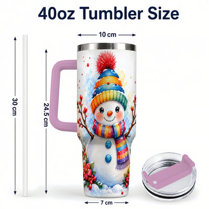 #pl[40oz|Pink] Watercolor Snowman 40oz Tumbler with Handle, Winter Steel Travel Cup