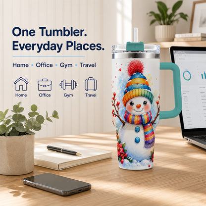 #pl[40oz|Green] Watercolor Snowman 40oz Tumbler with Handle, Winter Steel Travel Cup