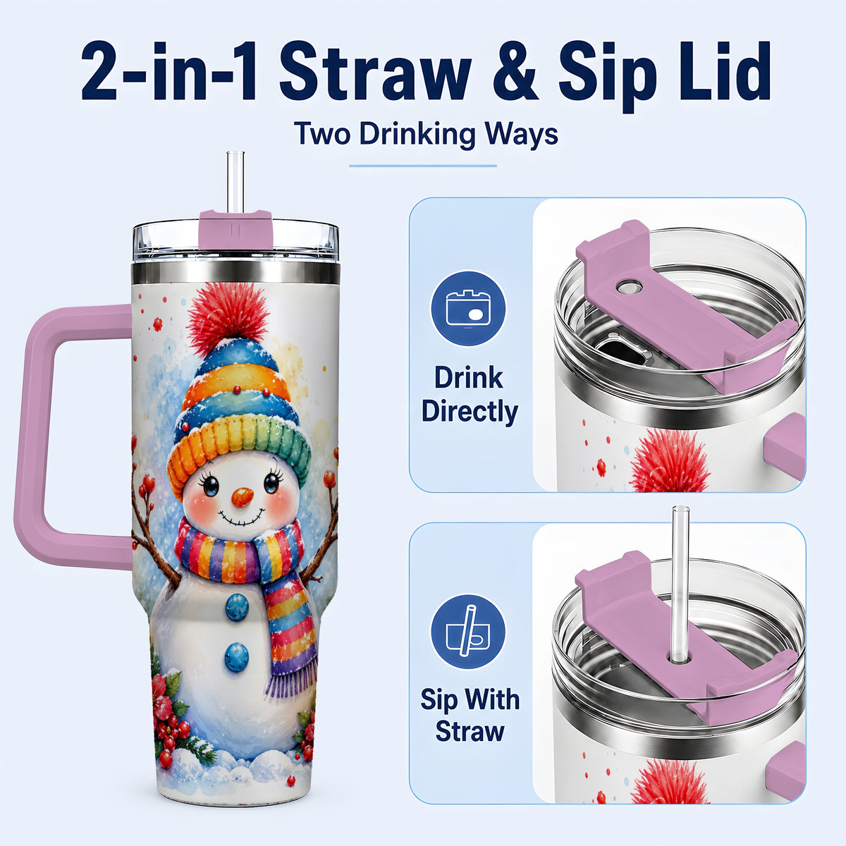 #pl[40oz|Pink] Watercolor Snowman 40oz Tumbler with Handle, Winter Steel Travel Cup