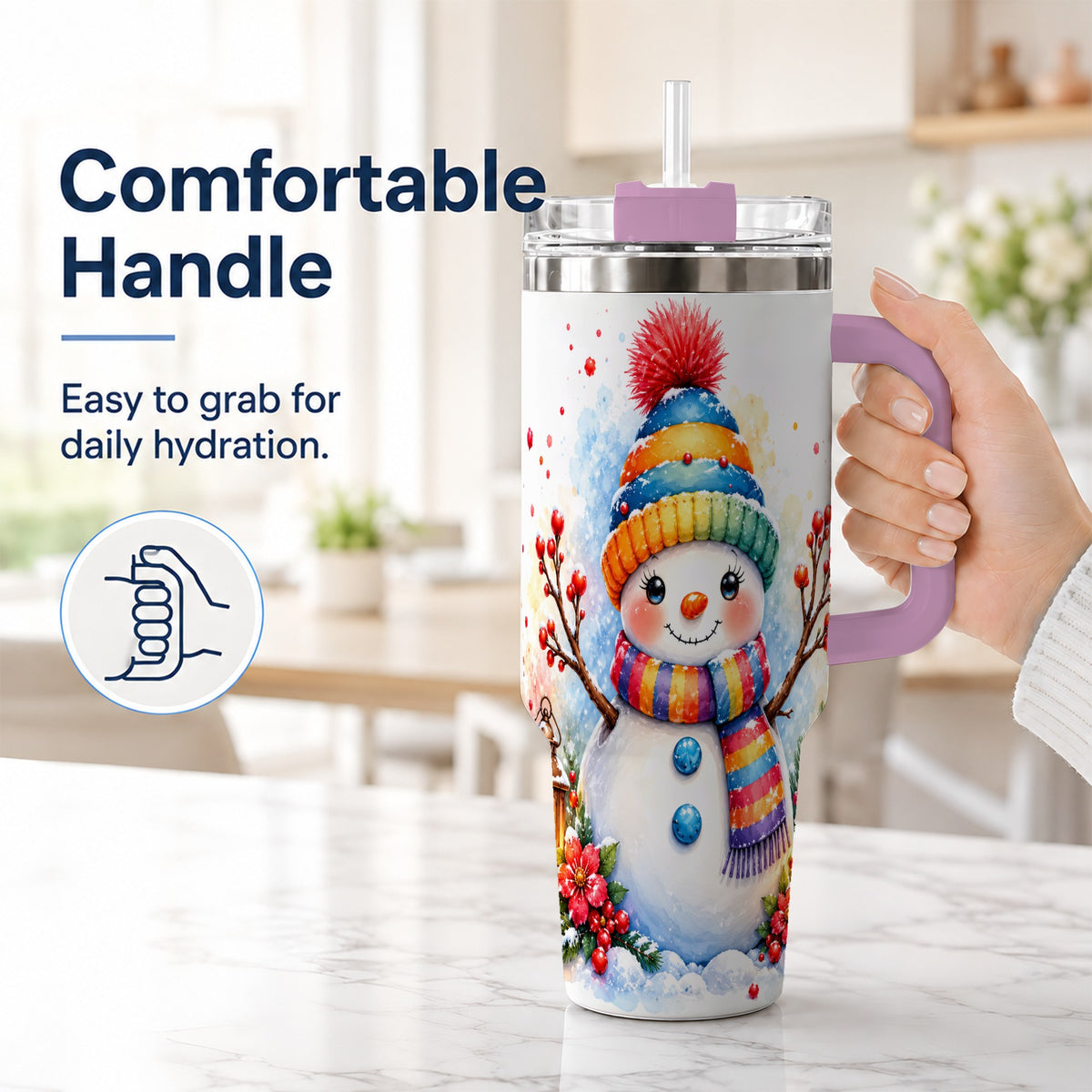 #pl[40oz|Pink] Watercolor Snowman 40oz Tumbler with Handle, Winter Steel Travel Cup