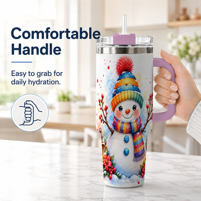 #pl[40oz|Pink] Watercolor Snowman 40oz Tumbler with Handle, Winter Steel Travel Cup