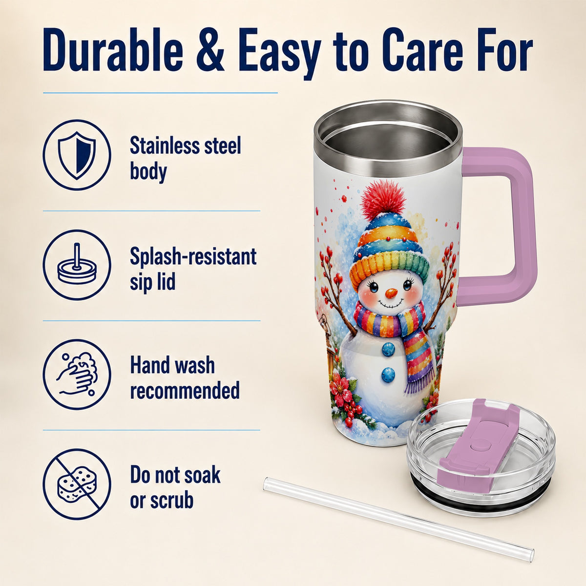 #pl[40oz|Pink] Watercolor Snowman 40oz Tumbler with Handle, Winter Steel Travel Cup