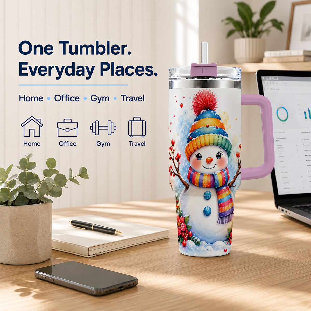 #pl[40oz|Pink] Watercolor Snowman 40oz Tumbler with Handle, Winter Steel Travel Cup