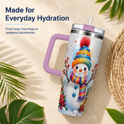 #pl[40oz|Pink] Watercolor Snowman 40oz Tumbler with Handle, Winter Steel Travel Cup