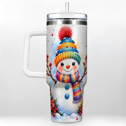 Watercolor Snowman 40oz Tumbler with Handle, Winter Steel Travel Cup