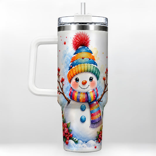 Watercolor Snowman 40oz Tumbler with Handle, Winter Steel Travel Cup