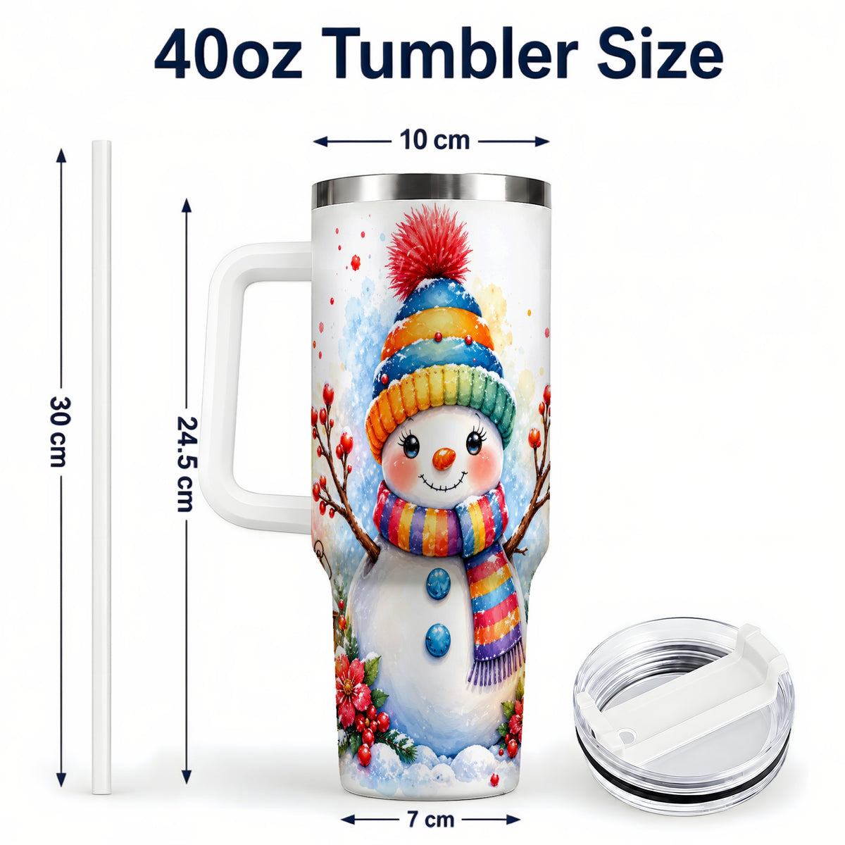 #pl[40oz|White] Watercolor Snowman 40oz Tumbler with Handle, Winter Steel Travel Cup