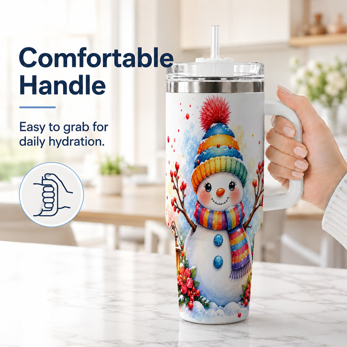 #pl[40oz|White] Watercolor Snowman 40oz Tumbler with Handle, Winter Steel Travel Cup