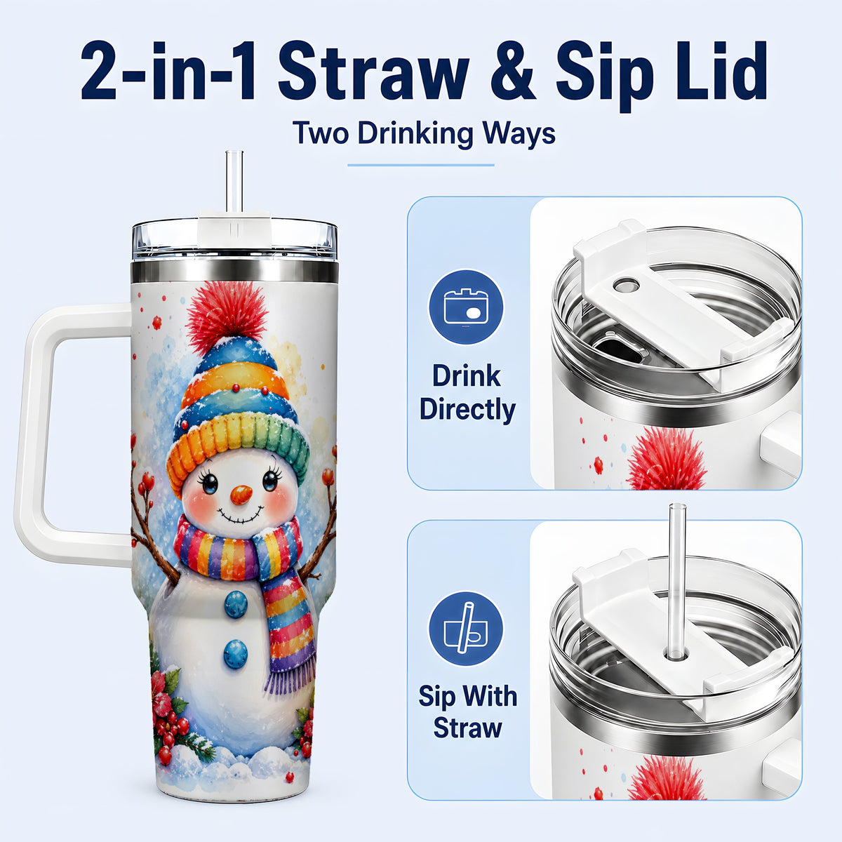 #pl[40oz|White] Watercolor Snowman 40oz Tumbler with Handle, Winter Steel Travel Cup