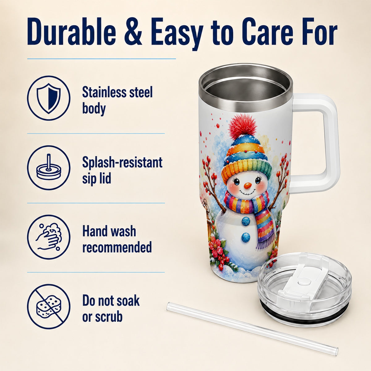 #pl[40oz|White] Watercolor Snowman 40oz Tumbler with Handle, Winter Steel Travel Cup