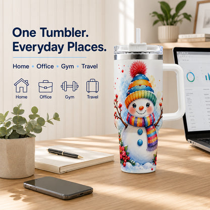 #pl[40oz|White] Watercolor Snowman 40oz Tumbler with Handle, Winter Steel Travel Cup