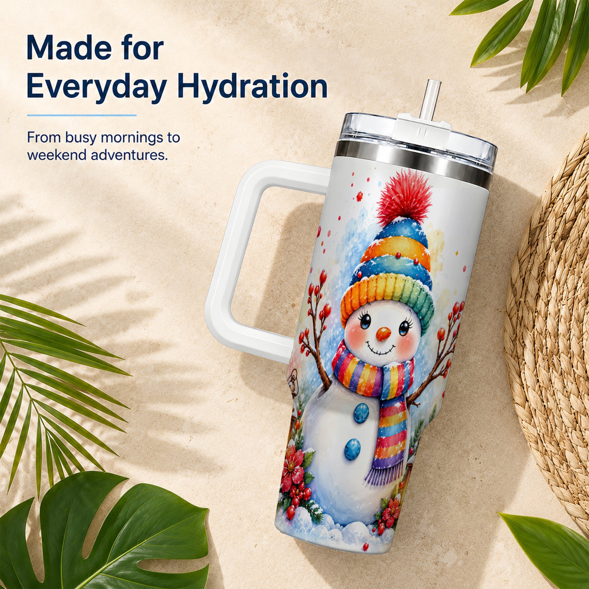 #pl[40oz|White] Watercolor Snowman 40oz Tumbler with Handle, Winter Steel Travel Cup