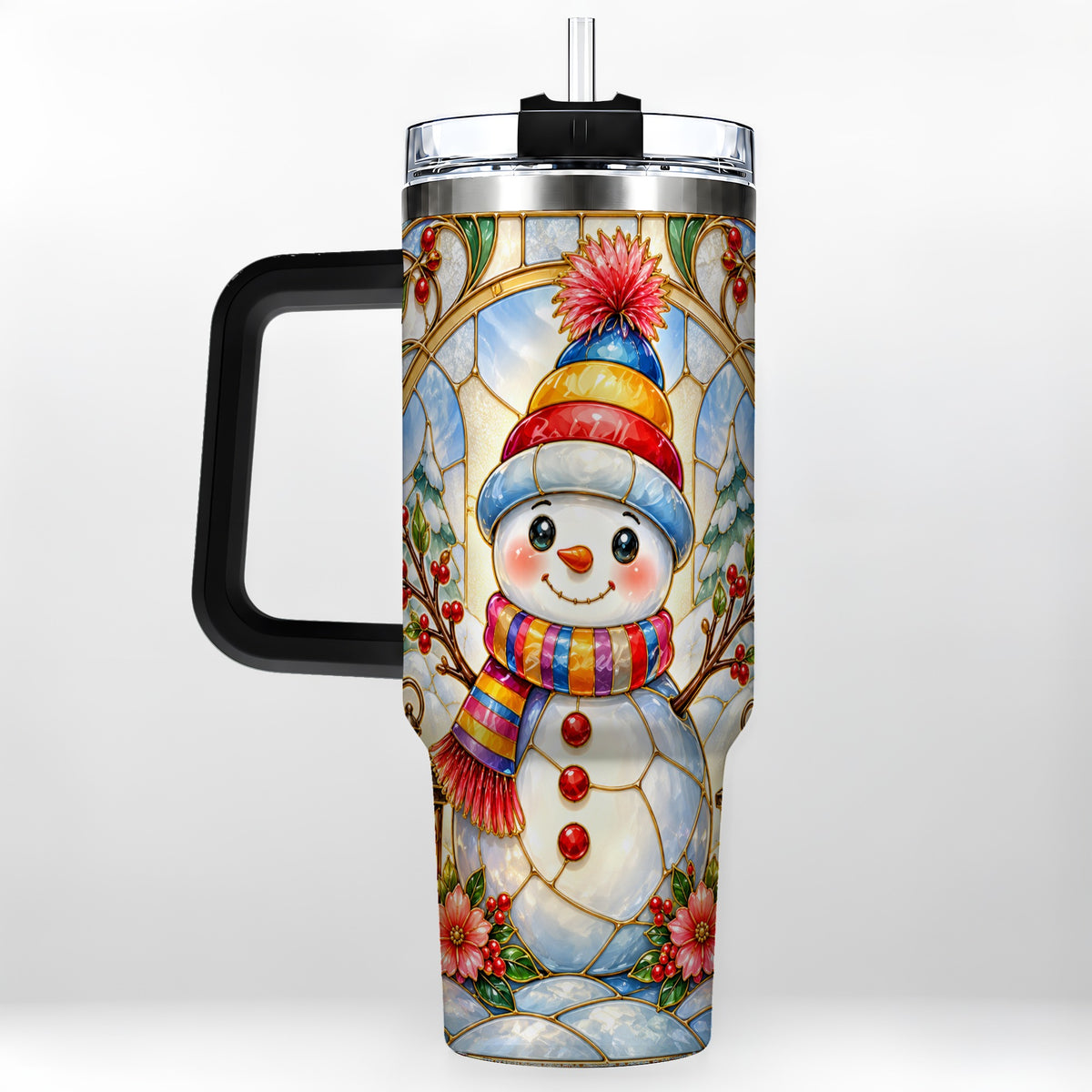 #pl[40oz|Black] Stained Glass Snowman 40oz Tumbler with Handle, Winter Steel Travel Cup