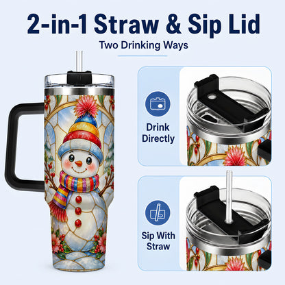 #pl[40oz|Black] Stained Glass Snowman 40oz Tumbler with Handle, Winter Steel Travel Cup