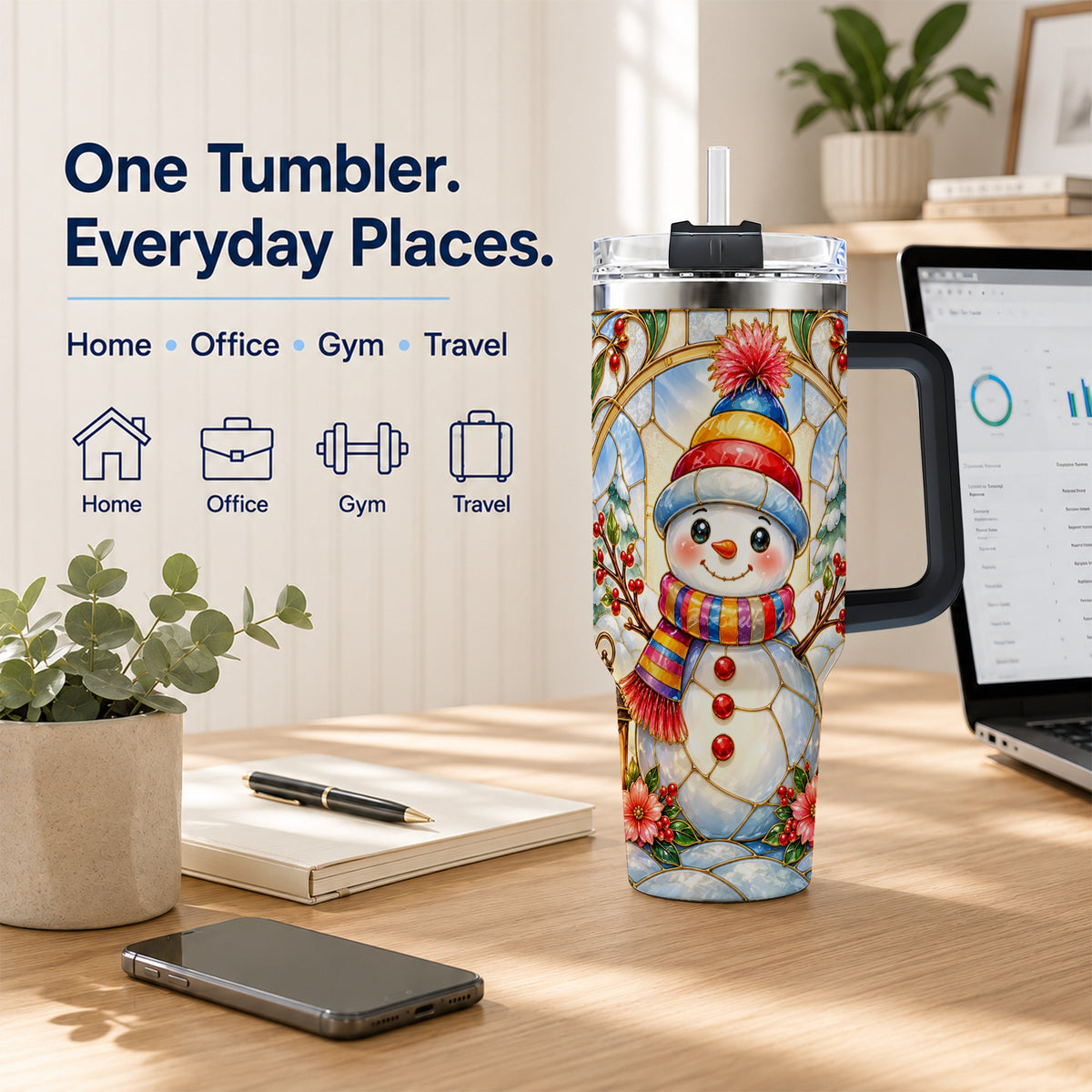 #pl[40oz|Black] Stained Glass Snowman 40oz Tumbler with Handle, Winter Steel Travel Cup