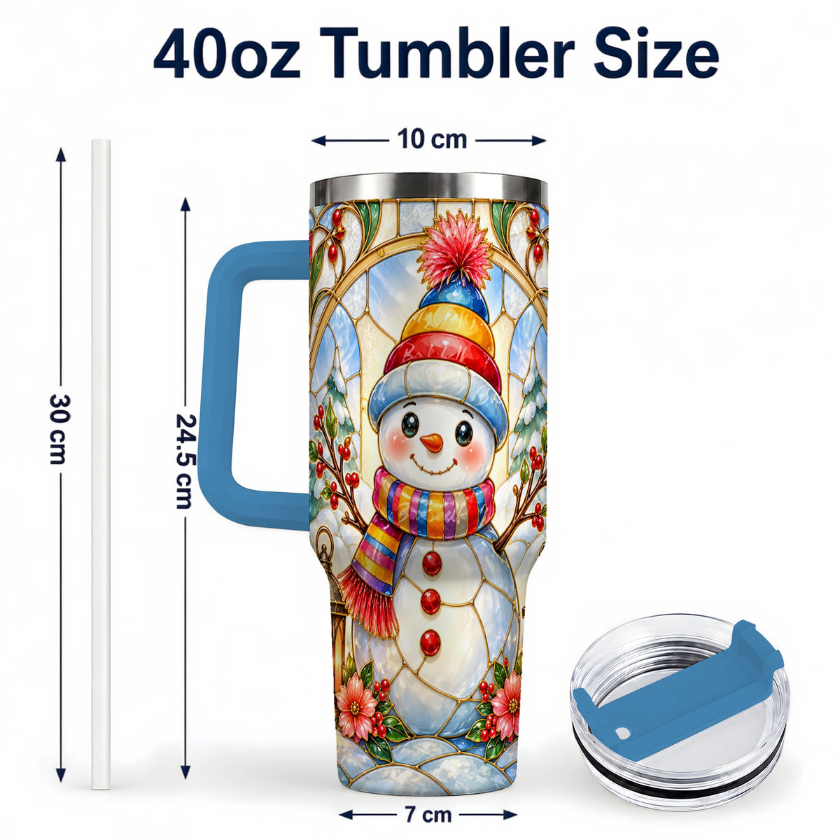 #pl[40oz|Blue] Stained Glass Snowman 40oz Tumbler with Handle, Winter Steel Travel Cup