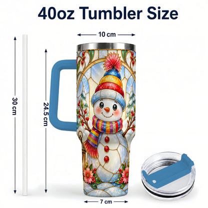 #pl[40oz|Blue] Stained Glass Snowman 40oz Tumbler with Handle, Winter Steel Travel Cup
