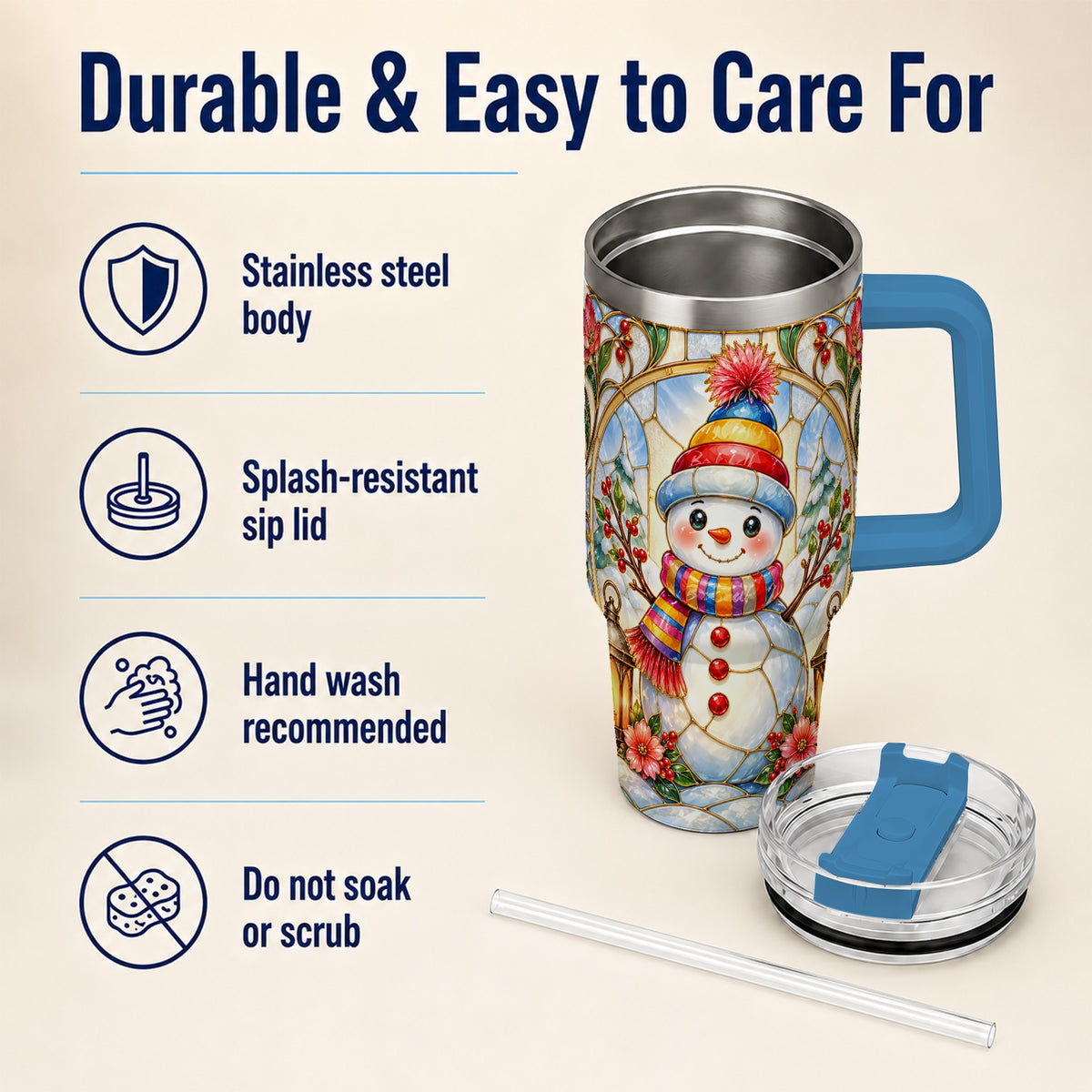 #pl[40oz|Blue] Stained Glass Snowman 40oz Tumbler with Handle, Winter Steel Travel Cup