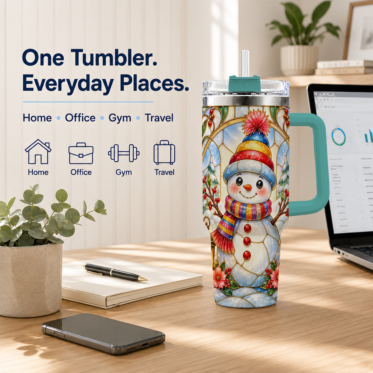 #pl[40oz|Green] Stained Glass Snowman 40oz Tumbler with Handle, Winter Steel Travel Cup