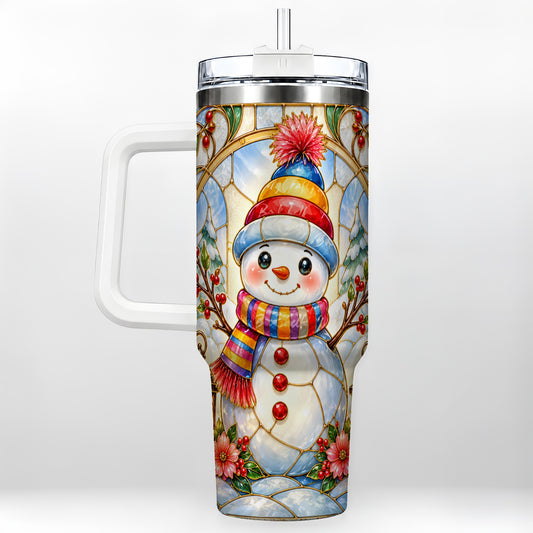 Stained Glass Snowman 40oz Tumbler with Handle, Winter Steel Travel Cup