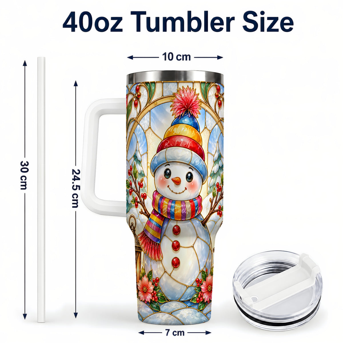 #pl[40oz|White] Stained Glass Snowman 40oz Tumbler with Handle, Winter Steel Travel Cup